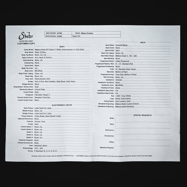 Suhr Mateus Asato Signture Series Classic T w/ Lollar Gold Foil Pickups & Tremolo- MA White 2025 (81393)