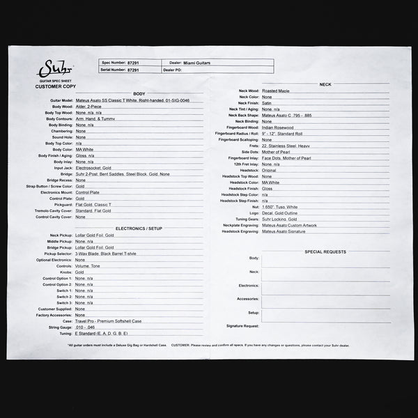 Suhr Mateus Asato Signture Series Classic T w/ Lollar Gold Foil Pickups, Tremolo & Premium Softshell Case- MA White 2025 (87291)