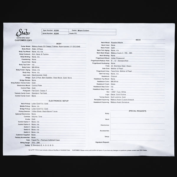 Suhr Mateus Asato Signture Series Classic T w/ Lollar Gold Foil Pickups, Tremolo & Premium Softshell Case- MA White 2025 (82285)