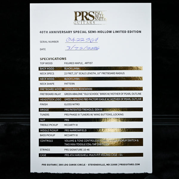PRS 40th Anniversary Special Semi-Hollow Limited Edition- Custom Color 2026 (0422569)