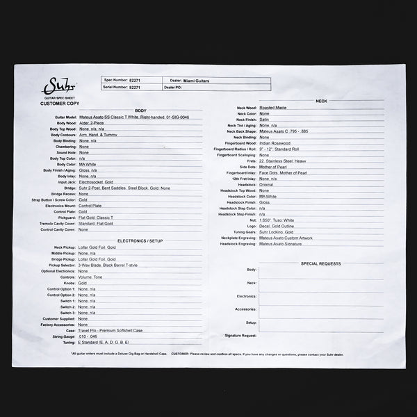 Suhr Mateus Asato Signture Series Classic T w/ Lollar Gold Foil Pickups, Tremolo & Premium Softshell Case- MA White 2025 (82271)