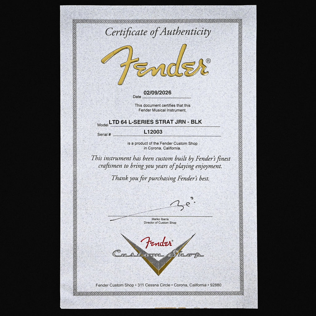 Fender Custom Shop Limited Edition 64 L-Series Stratocaster Journeyman- Black 2026 (L12003)
