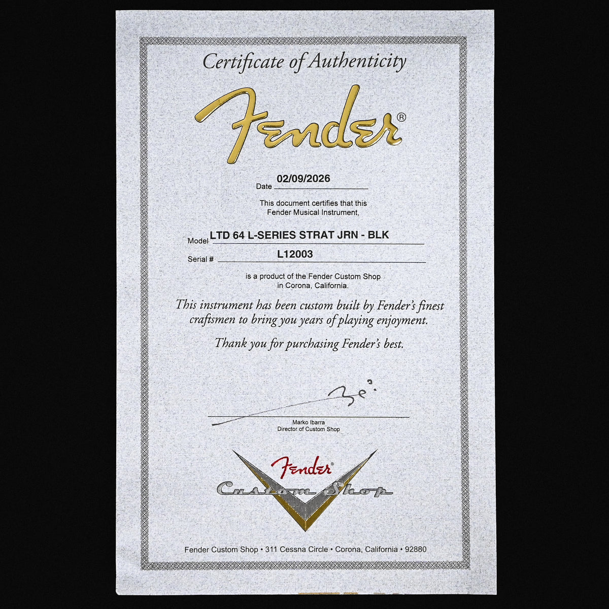 Fender Custom Shop Limited Edition 64 L-Series Stratocaster Journeyman- Black 2026 (L12003)