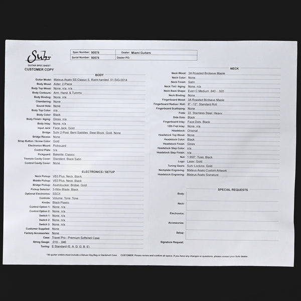 Suhr Mateus Asato Signature Series Classic S w/ Premium Softshell Case- Black 2025 (90578)