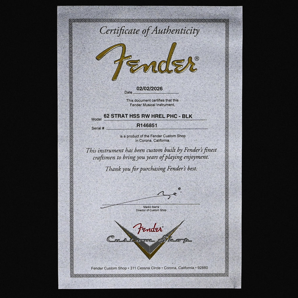 Fender Custom Shop '62 Stratocaster HSS w/ Painted Headcap, Heavy Relic- Black 2026 (R146851)