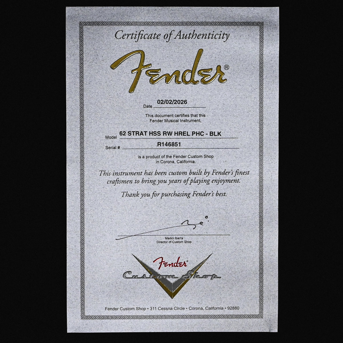Fender Custom Shop '62 Stratocaster HSS w/ Painted Headcap, Heavy Relic- Black 2026 (R146851)