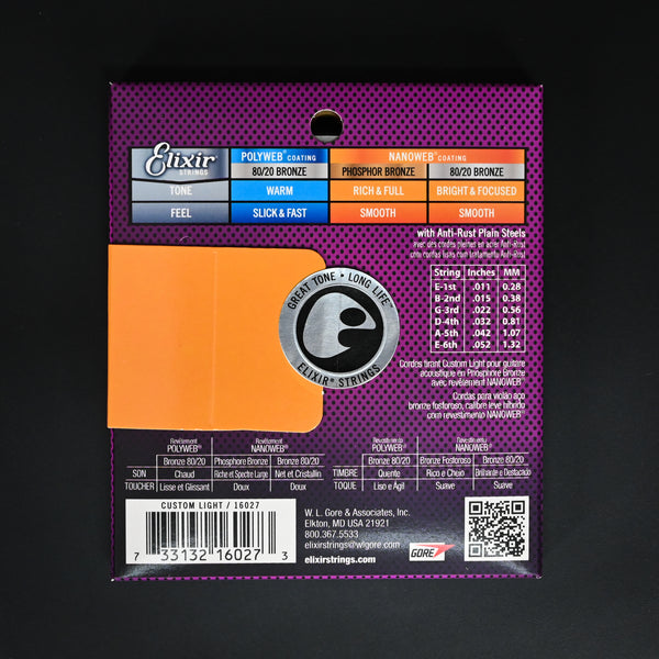 Elixir 16027 Phosphor Bronze Acoustic Guitar Strings w NANOWEB Coating - Custom Light 11-52