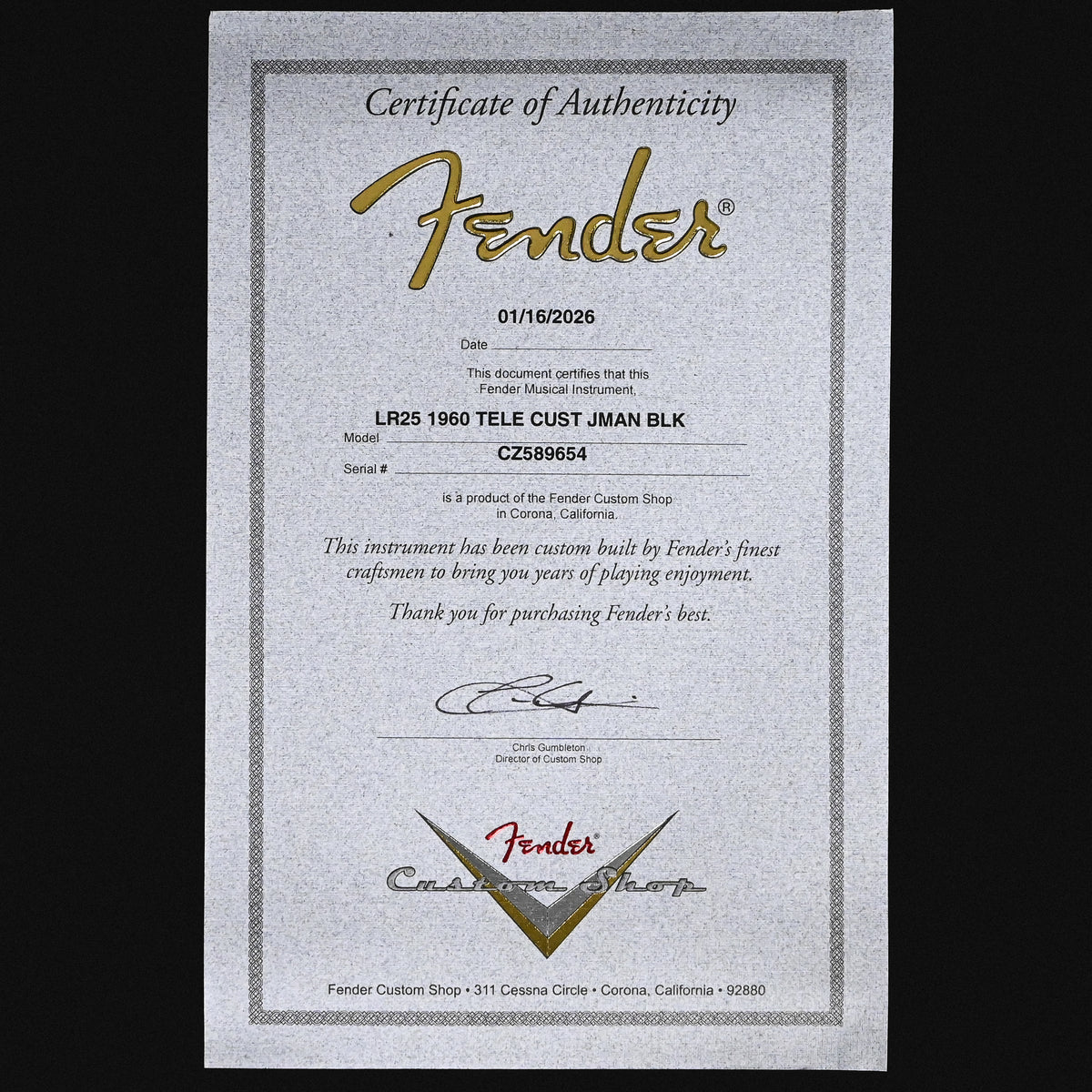 Fender Custom Shop 1960 Telecaster Custom Journeyman- Black 2026 (CZ589654)