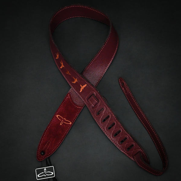 PRS Premium Leather 2" Strap Embroidered Birds Burgundy