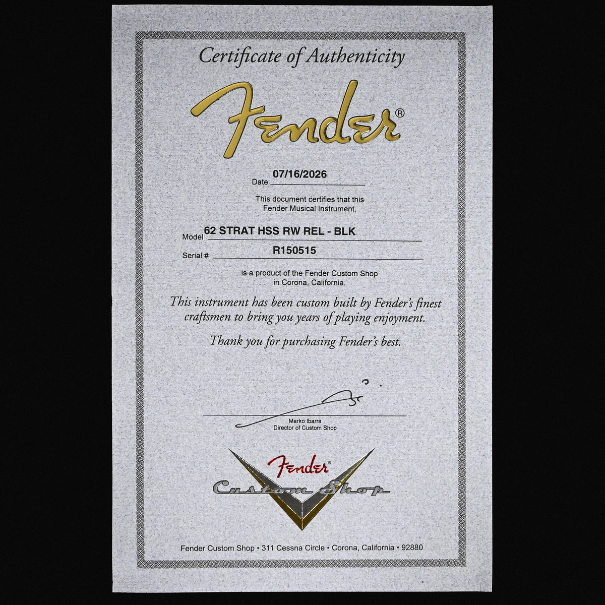 Fender Custom Shop '62 Stratocaster HSS w/ Ash Body, Relic- Black 2026 (R150515)