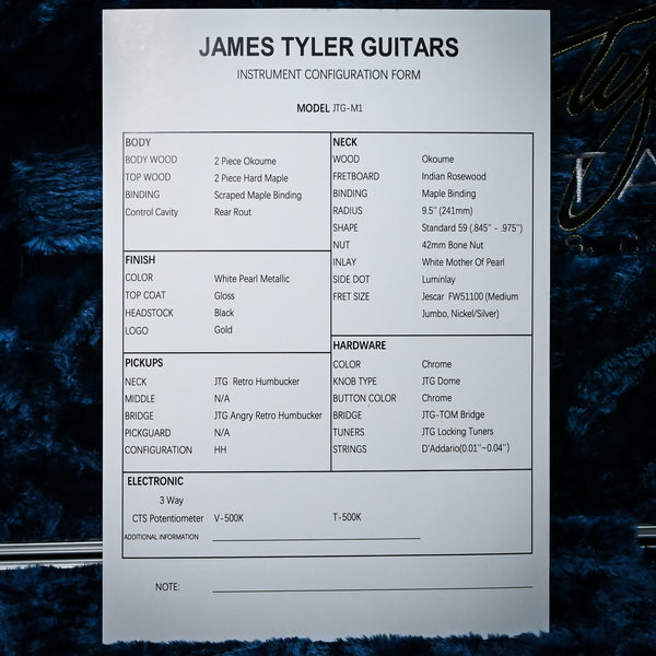 James Tyler JTG-M1 Electric Guutar- White Pearl Metallic 2025 (M125000172)