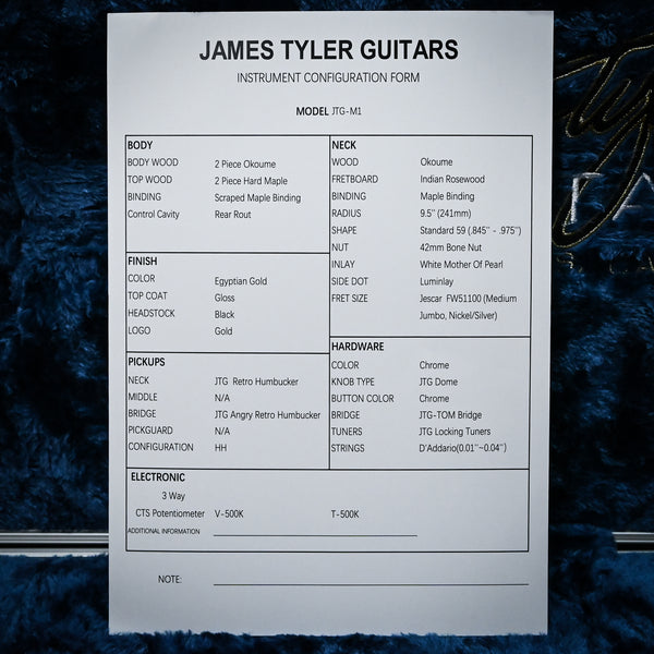 James Tyler JTG-M1 Electric Guitar- Egyptian Gold 2025 (M125000145)