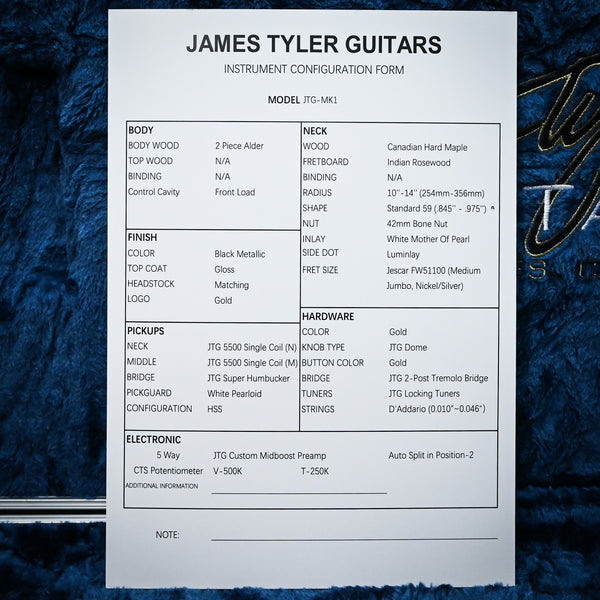 James Tyler JTG-MK1 Electric Guitar- Black Metallic 2025 (MK125000305)