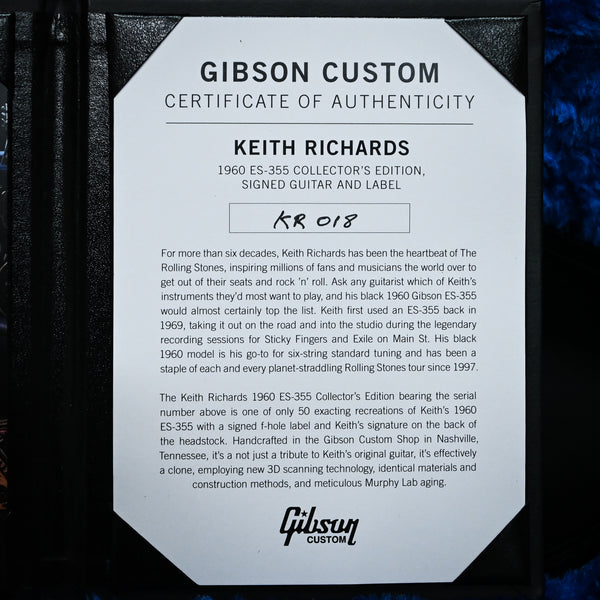 ON HOLD Gibson Custom Keith Richards 1960 ES-355 Collector’s Edition, Signed Guitar and Label, Ebony (#18) ON HOLD