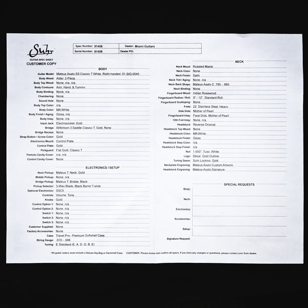 Suhr Mateus Asato Signature Series Classic T w/ Premium Softshell Case- MA White 2025 (81458)