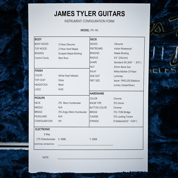 James Tyler JTG-M1 Electric Guitar- White Pearl Metallic 2025 (M125000161)