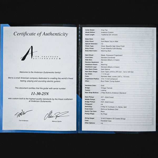 Tom Anderson Custom Drop Top w/ Quilt Maple Top- Purple Wake Surf w/ Binding 2025 (11-30-25N)