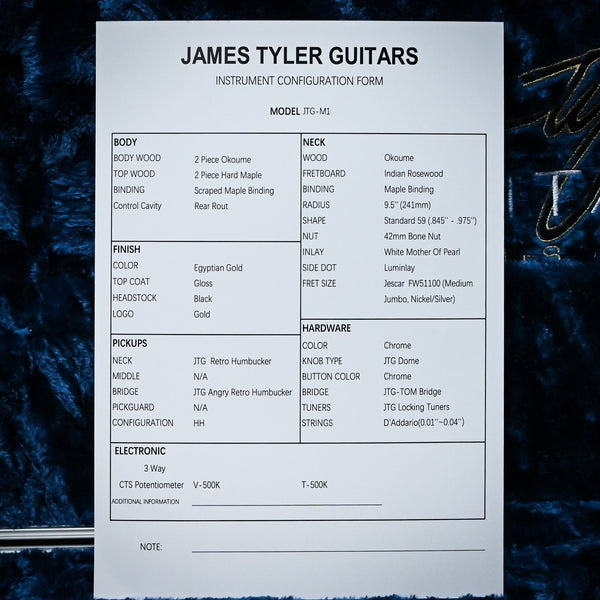James Tyler JTG-M1 Electric Guitar- Egyptian Gold 2025 (M125000148)