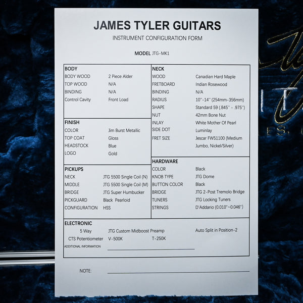 James Tyler JTG-MK1 Electric Guitar- Jim Burst Metallic 2025 (MK125000274)