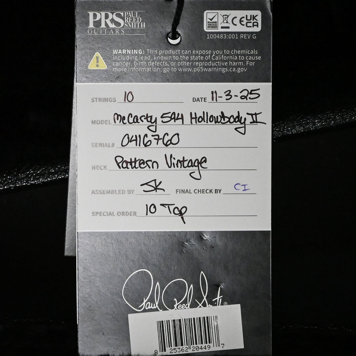 PRS McCarty 594 Hollowbody II w/ 10-Top- Charcoal Wraparound Smokeburst 2025 (0416760)