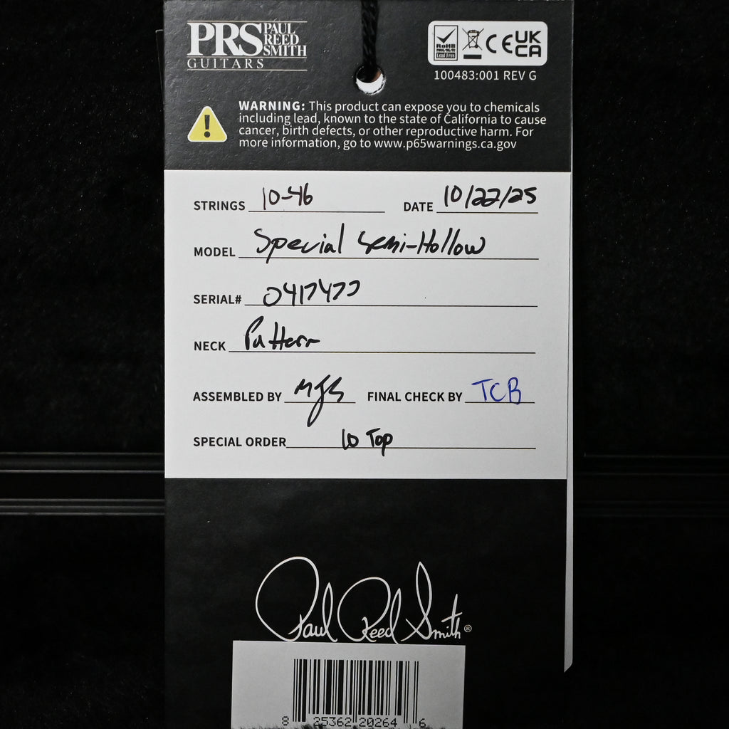 PRS Special Semi-Hollow w/ 10-Top Electric Guitar- Charcoal Wraparound Smokeburst 2025 (0417477)