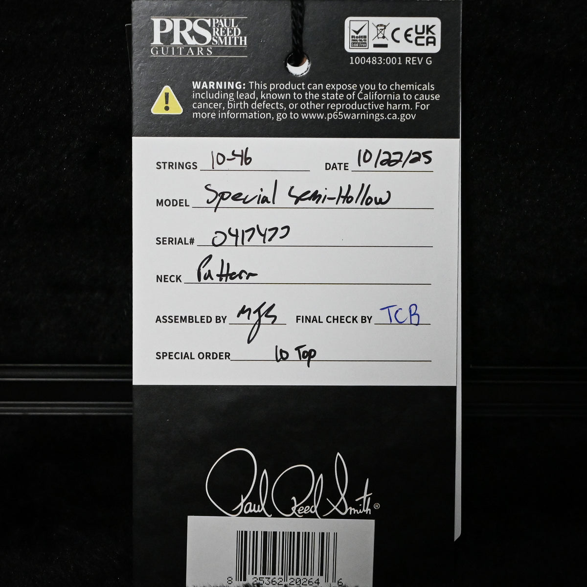 PRS Special Semi-Hollow w/ 10-Top Electric Guitar- Charcoal Wraparound Smokeburst 2025 (0417477)