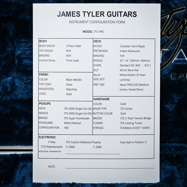 James Tyler JTG-MK1 Electric Guitar- Black Metallic 2025 (MK125000310)