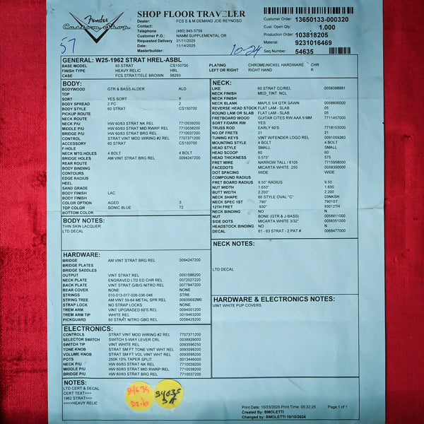 Fender Custom Shop 1962 Stratocaster w/ Handwound 60/63 Pickups, Heavy Relic- Aged Sonic Blue 2025 (CZ589533)