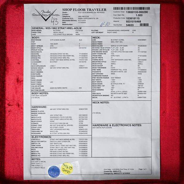 Fender Custom Shop Limited Edition 1962 Stratocaster w/ Handwound 60/63 Pickups, Heavy Relic- Aged Olympic White 2025 (CZ586630)