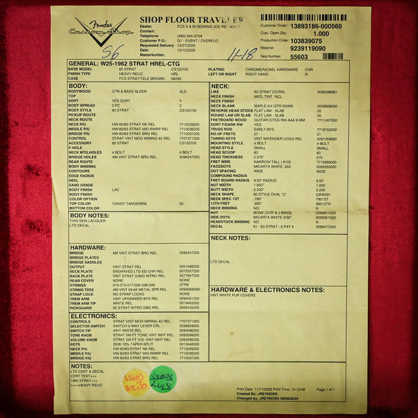 Fender Custom Shop 1962 Stratocaster w/ Handwound 60/63 Pickups, Heavy Relic- Candy Tangerine 2025 (CZ588713)