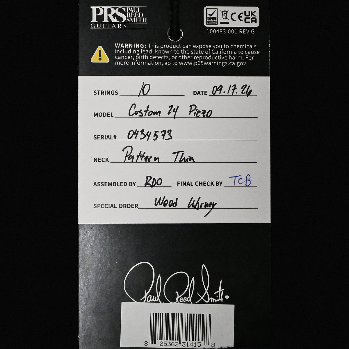 PRS Custom 24 Piezo Wood Library w/ 10-Top & Brazilian Rosewood- Bonnie Pink (Natural Back) 2026 (0434573)