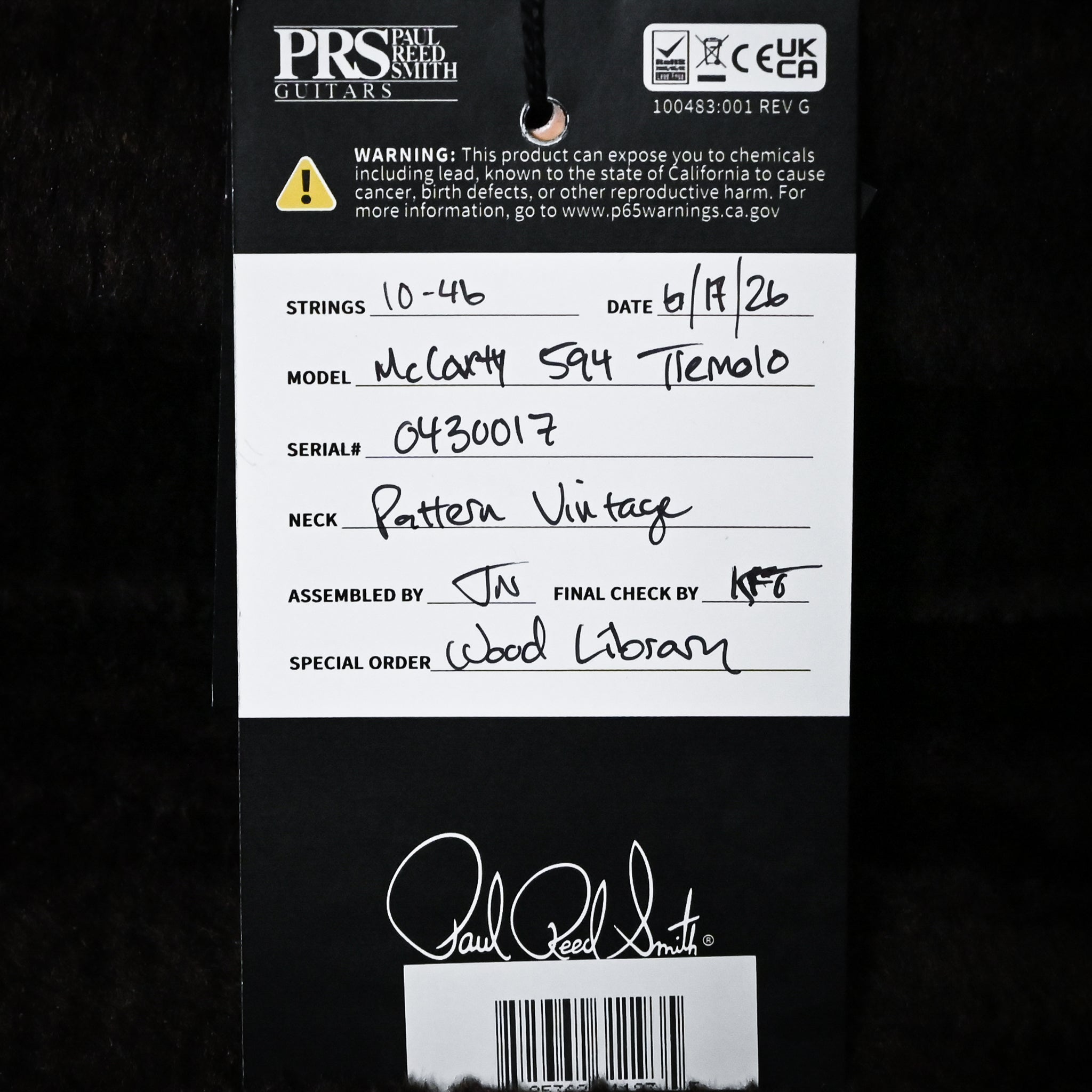 PRS Wood Library McCarty Tremolo w/ 10 Top- Charcoal (Natural Back) 2026 (0430017)
