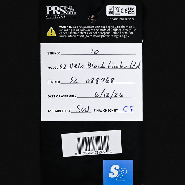PRS S2 Vela Black Limba Limited Edition- Natural 2026 (S2088968)