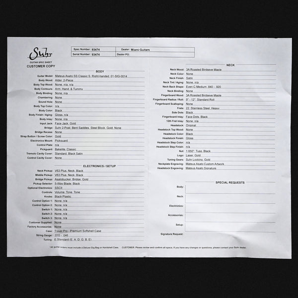 Suhr Mateus Asato Signature Series Classic S w/ Premium Softshell Case- Black 2026 (93474)