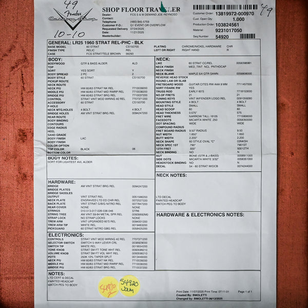 Fender Custom Shop Limited Edition 1960 Stratocaster Relic- Black 2025 (CZ586580) Used – Excellent