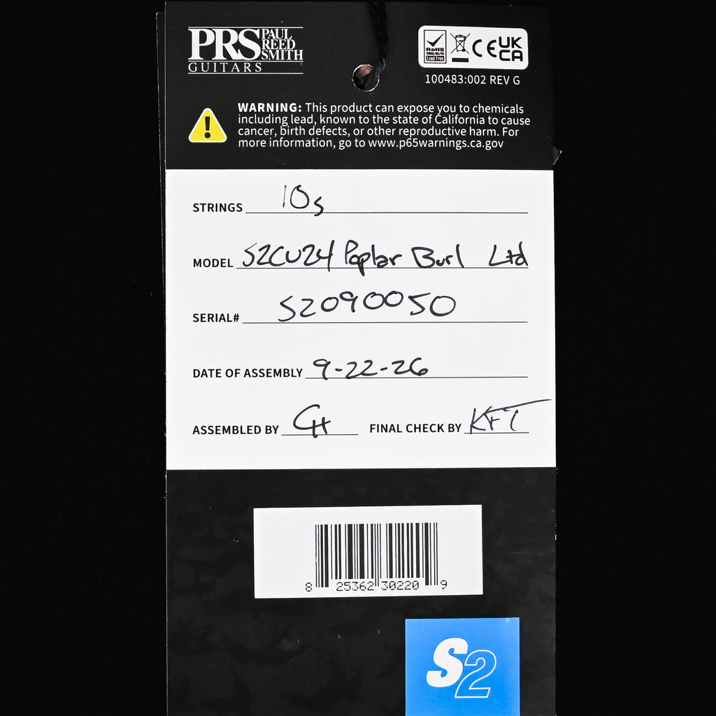 PRS Wood Library Select Limited S2 Custom 24 Poplar Burl- Charcoal Burst 2026 (S2090050)