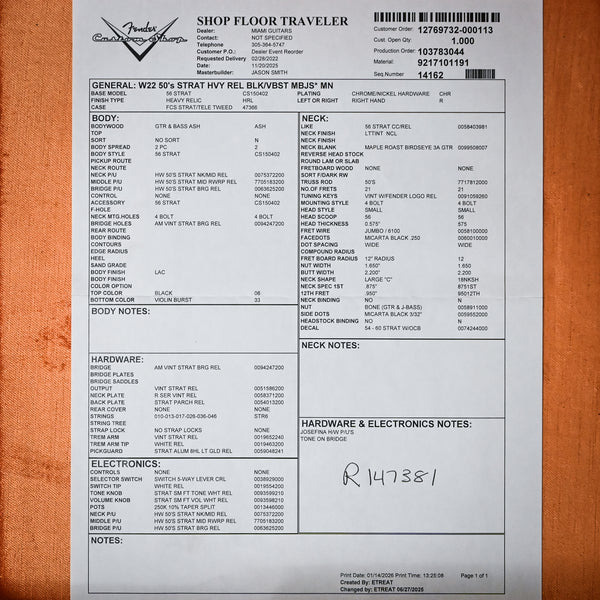 Fender Custom Shop Masterbuilt Jason Smith 50's Stratocaster Heavy Relic- Black/ Violin Burst 2026 (R147381)