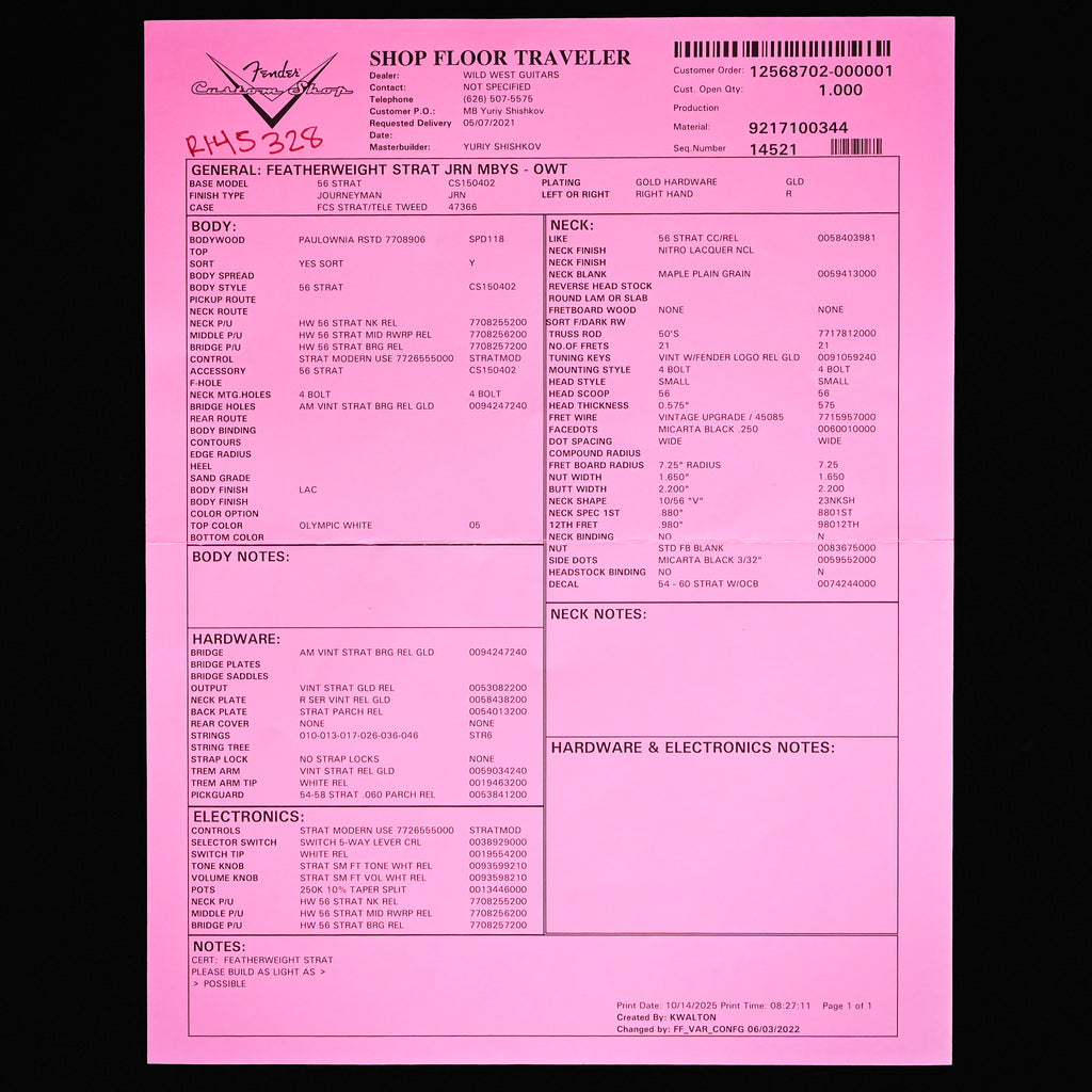 Fender Custom Shop Masterbuilt Yuriy Shishkov Featherweight Stratocaster Journeyman- Olympic White 2026 (R145328) Used – Mint