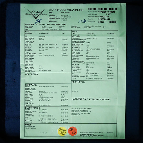 Fender Custom Shop Limited Edition '52 Telecaster NOS- Faded Nocaster Blonde 2025 (R140853)