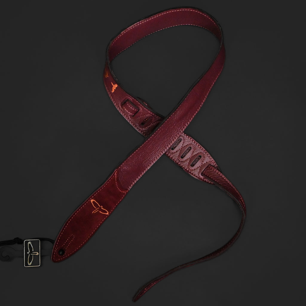 PRS Mark Lettieri Signed Premium Leather 2" Strap Embroidered Birds - Burgundy