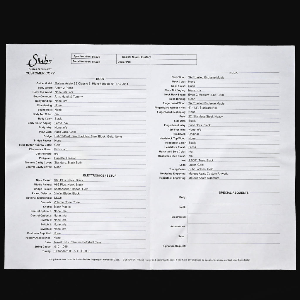 Suhr Mateus Asato Signature Series Classic S w/ Premium Softshell Case- Black 2026 (93476)