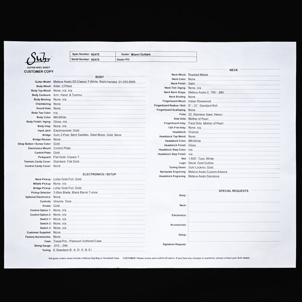 Suhr Mateus Asato Signture Series Classic T w/ Lollar Gold Foil Pickups, Tremolo & Premium Softshell Case- MA White 2026 (92470)