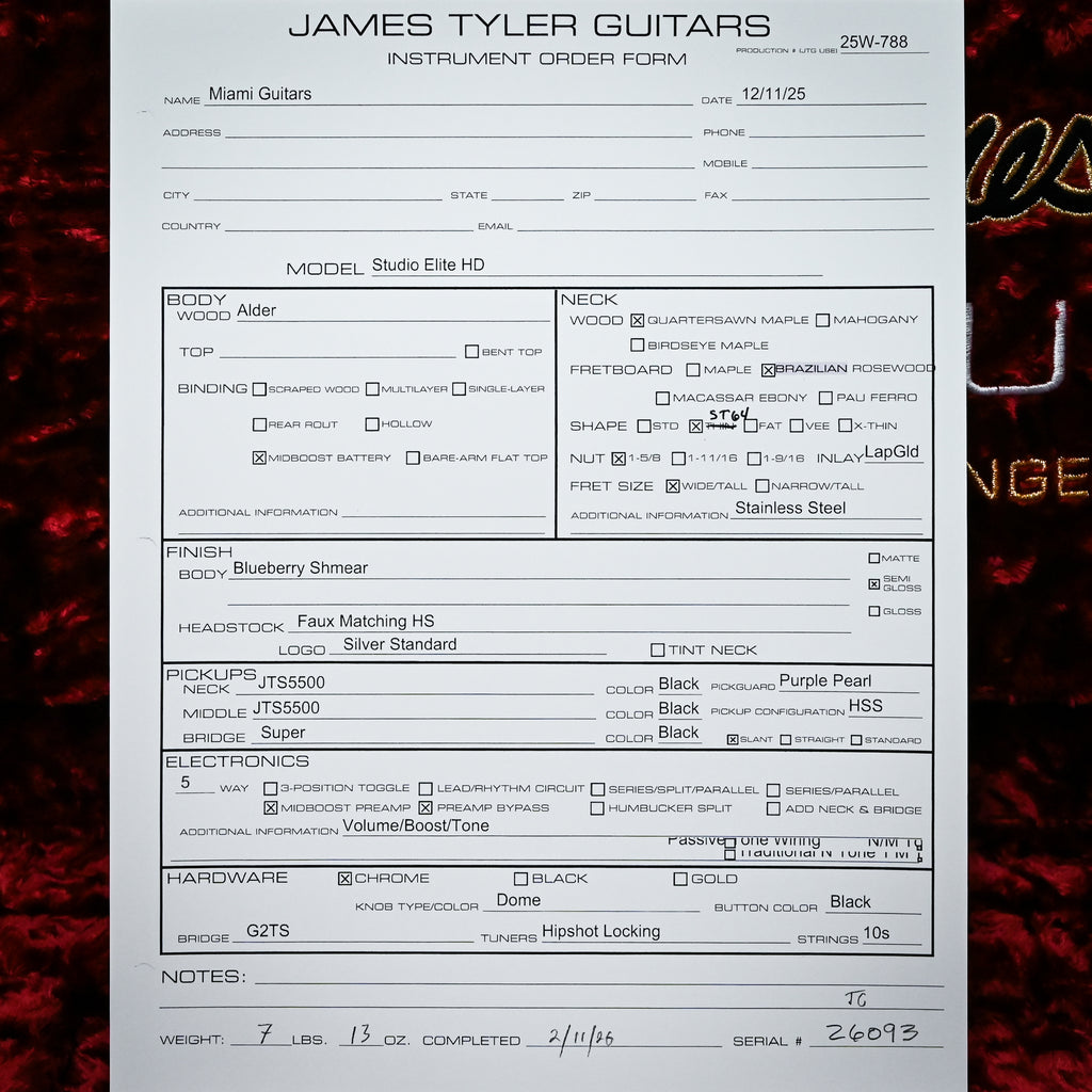 James Tyler Studio Elite HD w/ Brazilian Rosewood Fingerboard- Blueberry Shmear 2026 (26093)
