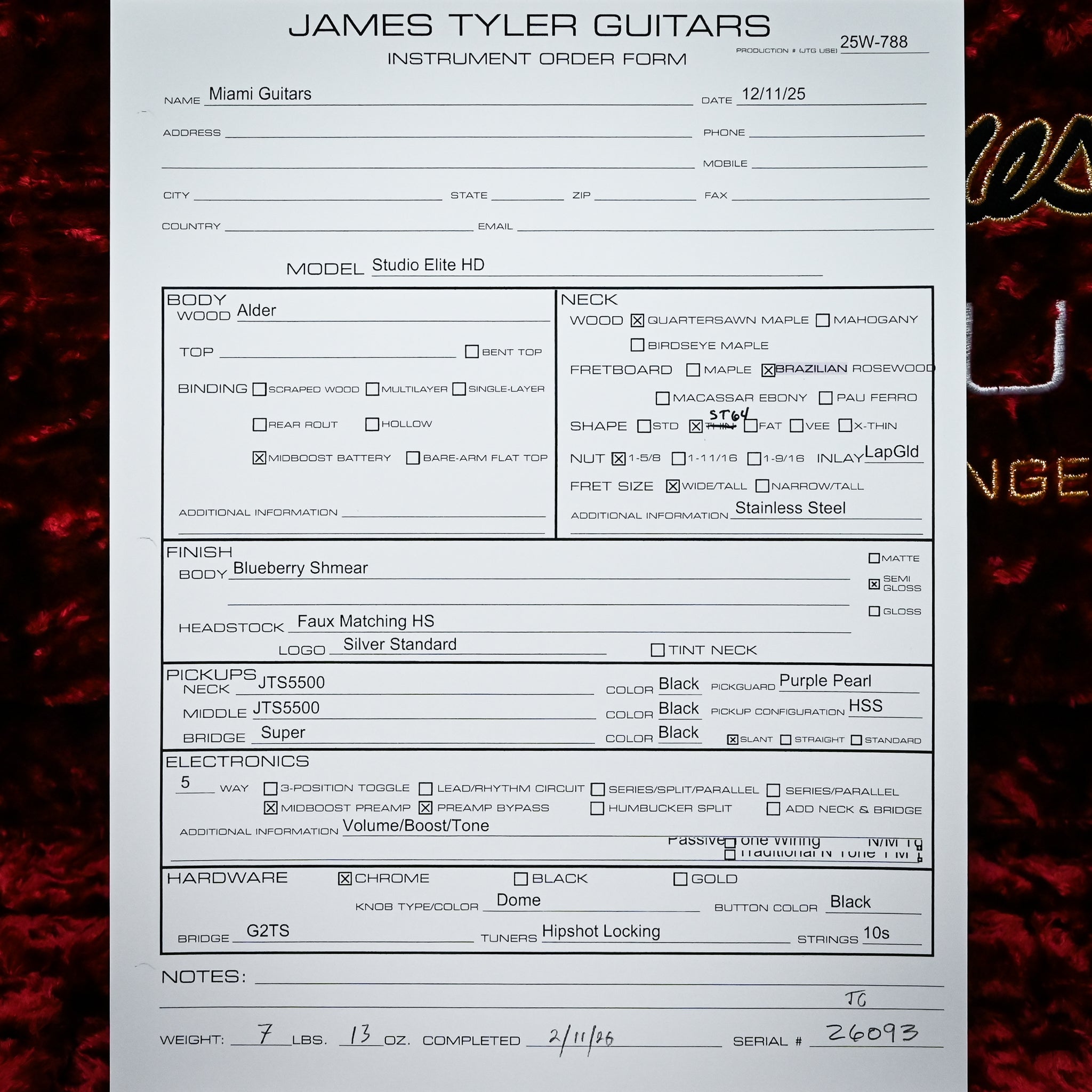 James Tyler Studio Elite HD w/ Brazilian Rosewood Fingerboard- Blueberry Shmear 2026 (26093)