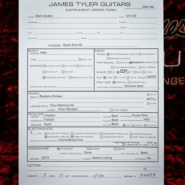 James Tyler Studio Elite HD w/ Brazilian Rosewood Fingerboard- Blueberry Shmear 2026 (26093)