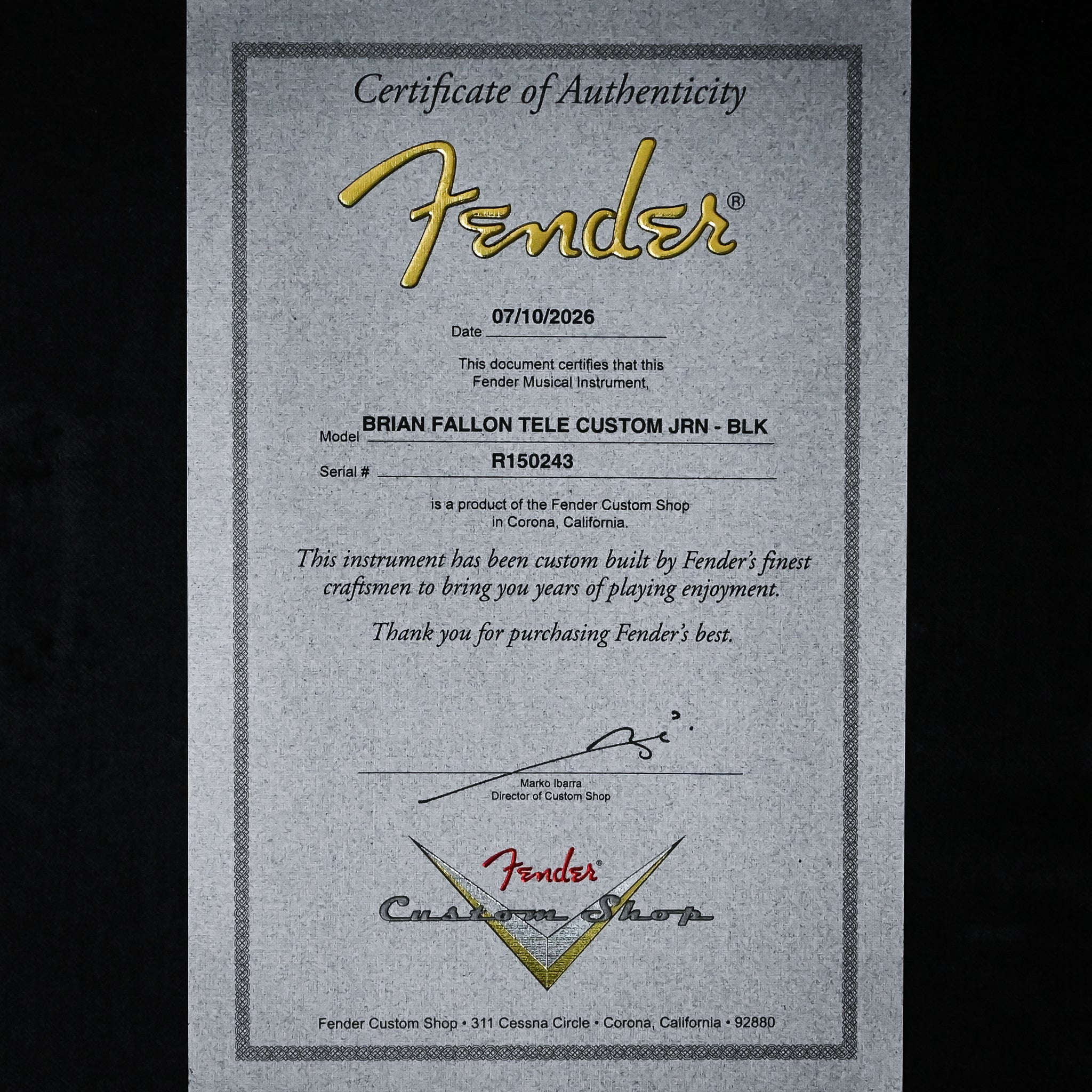 Fender Custom Shop Limited Edition Brian Fallon Telecaster Custom Journeyman- Black 2026 (R150243)