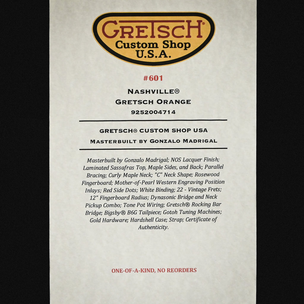 Gretsch Custom Shop USA Masterbuilt by Gonzalo Madrigal 1955 Nashville w/ Bigsby Electric Guitar- Gretsch Orange 2026 (US26044004)