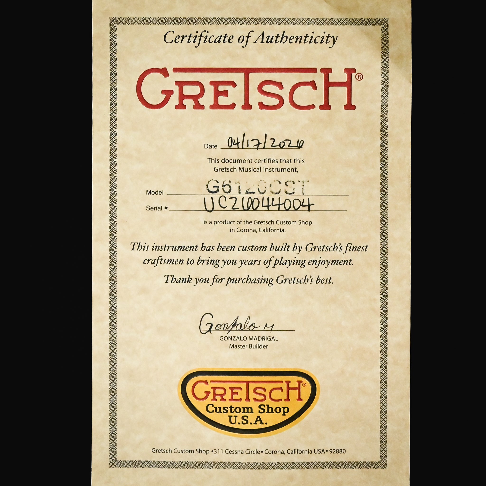 Gretsch Custom Shop USA Masterbuilt by Gonzalo Madrigal 1955 Nashville w/ Bigsby Electric Guitar- Gretsch Orange 2026 (US26044004)