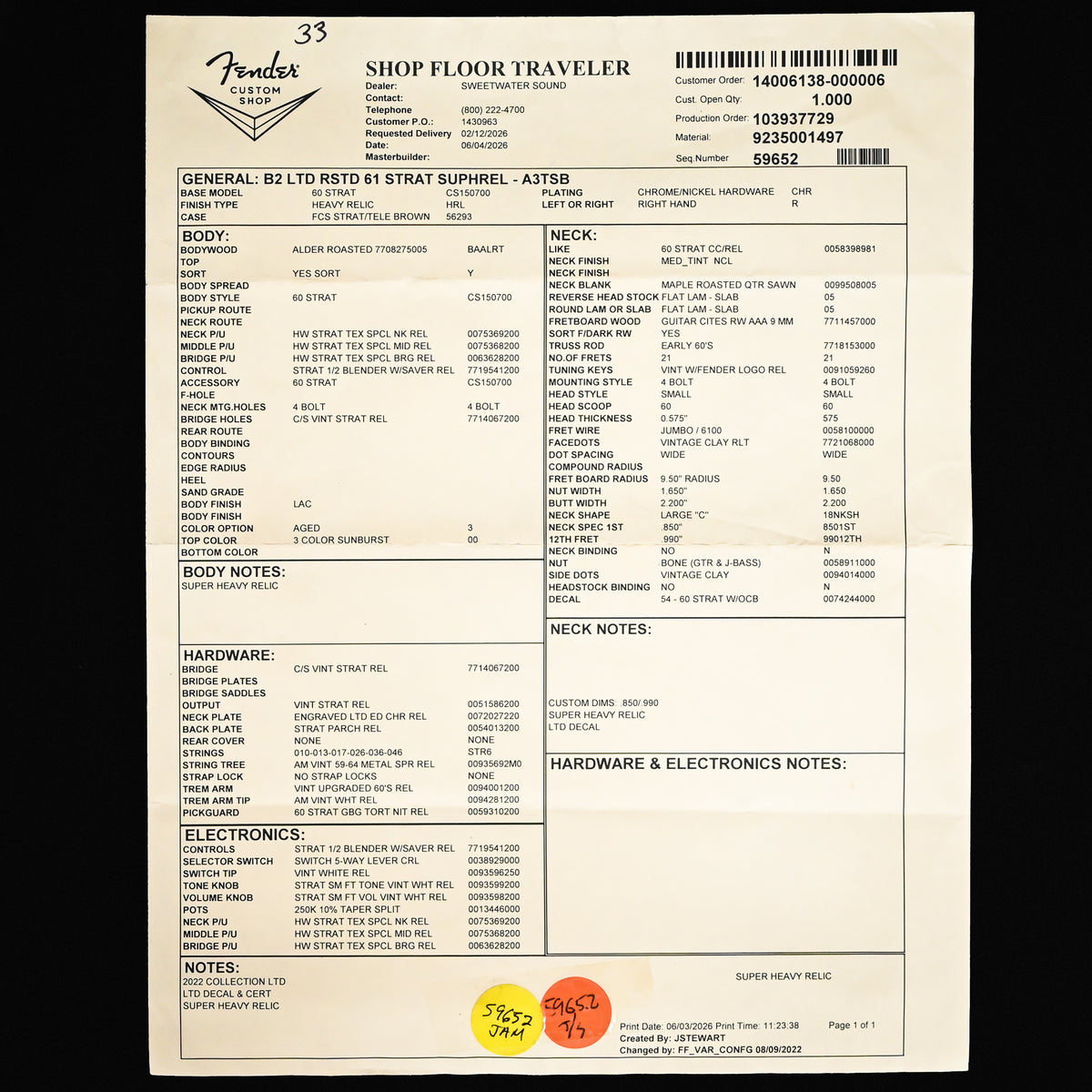 Fender Custom Shop Limited Edition Roasted '61 Stratocaster Super Heavy Relic- Aged 3 Color Sunburst 2026 (CZ590615)