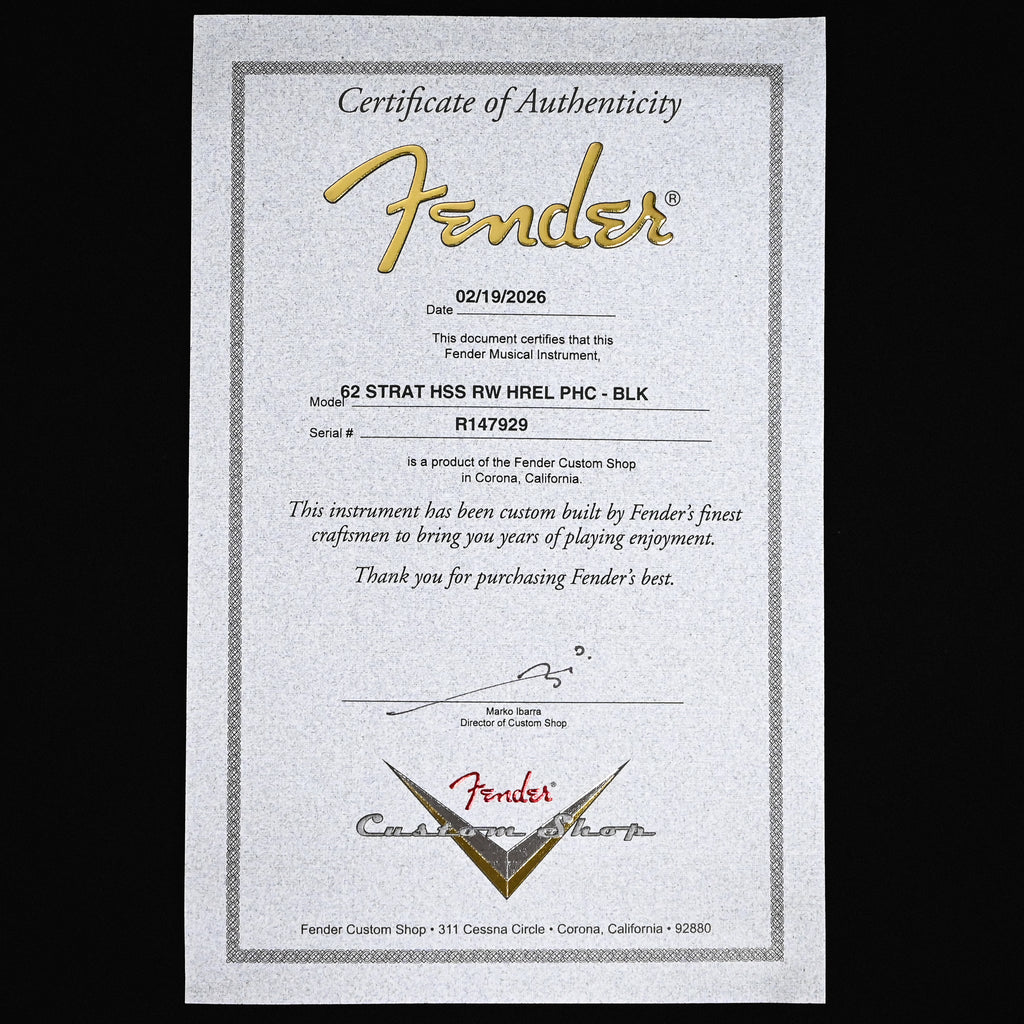 Fender Custom Shop '62 Stratocaster HSS w/ Painted Headcap, Heavy Relic- Black 2026 (R147929)